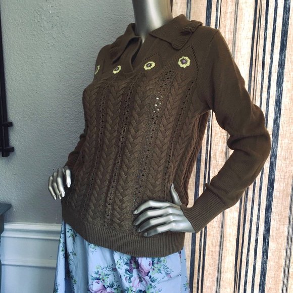 EUC SANDY LIANG For Target Olive Pointelle Embroidered Sweater S - Picture 7 of 10